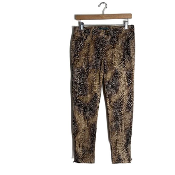 Lauren Ralph Lauren Pants Womens 4P Brown Snake Print Cotton Petite Zipper Hem - Picture 1 of 11